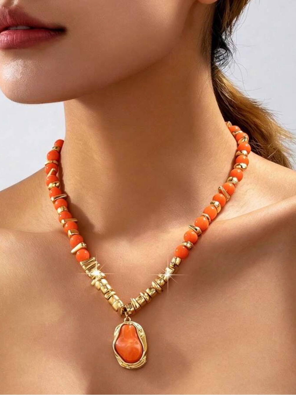 1pc Gold & Orange Beaded Pendant Necklace-Retro Acrylic Asymmetric Pearl-